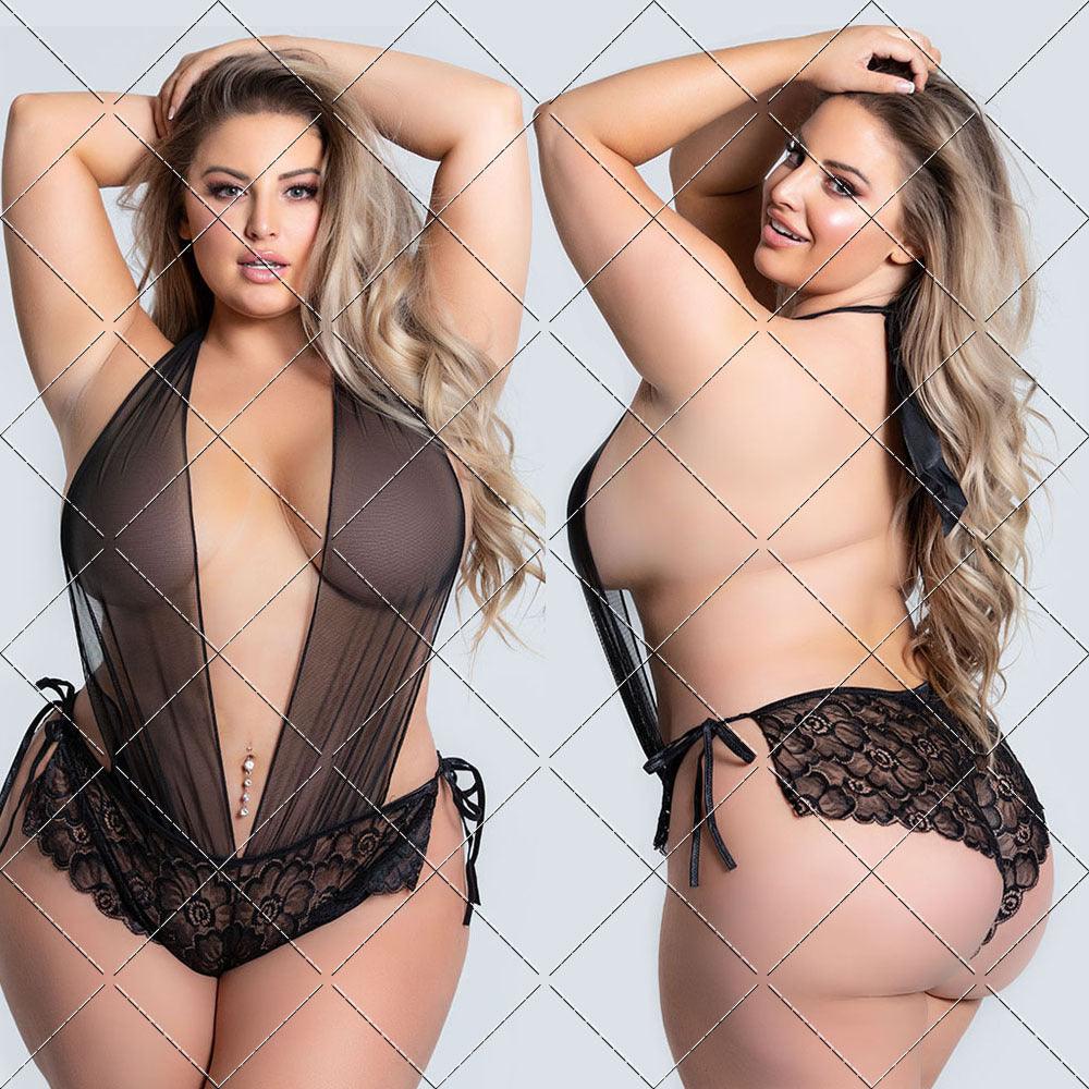 Women Large Size Sexy Lingerie Lace See - Through Sexy One - Piece Tights Nightdress - Amazitshop