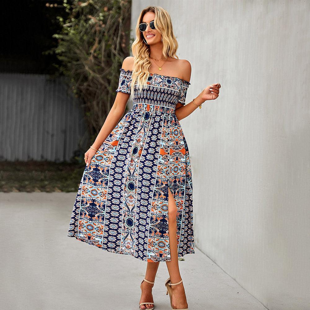 Women's Dress Boho Floral Print Off Shoulder Split Long A Line Beach Dress - Amazitshop