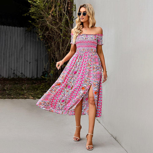 Women's Dress Boho Floral Print Off Shoulder Split Long A Line Beach Dress - Amazitshop
