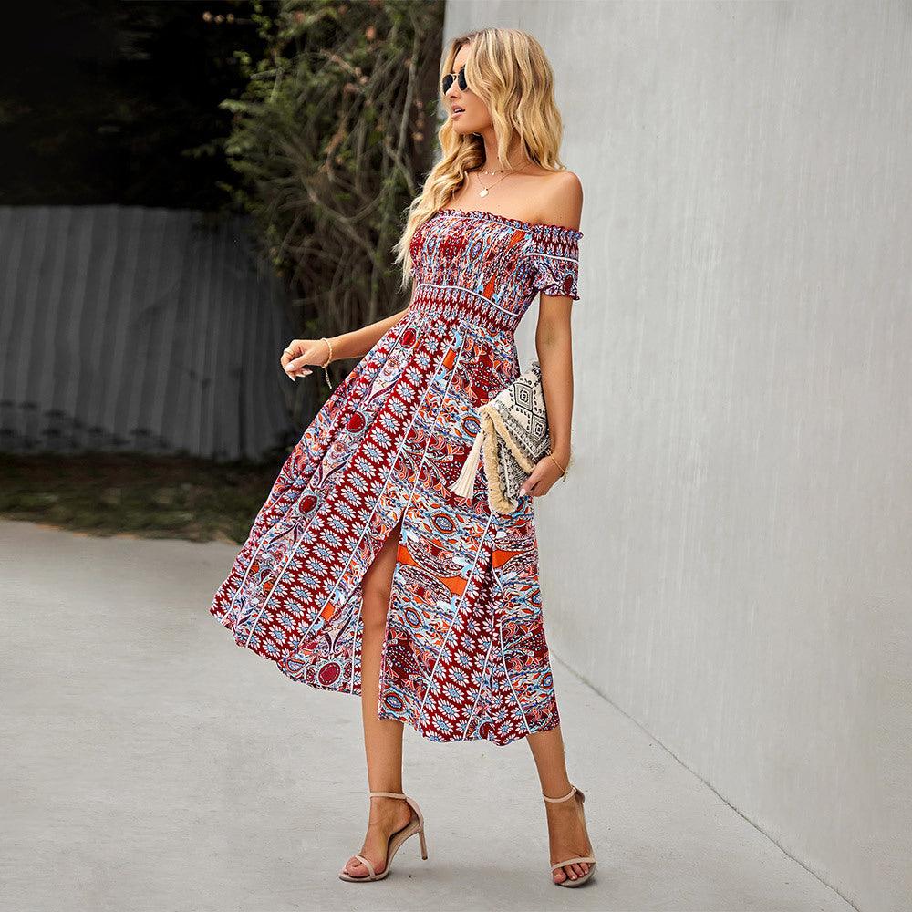 Women's Dress Boho Floral Print Off Shoulder Split Long A Line Beach Dress - Amazitshop