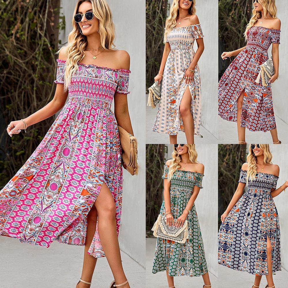 Women's Dress Boho Floral Print Off Shoulder Split Long A Line Beach Dress - Amazitshop