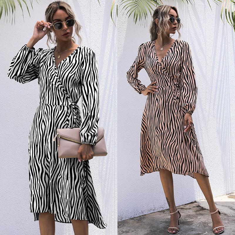 Women's Loose Striped Over - The - Knee Long - Sleeved Dress - Amazitshop